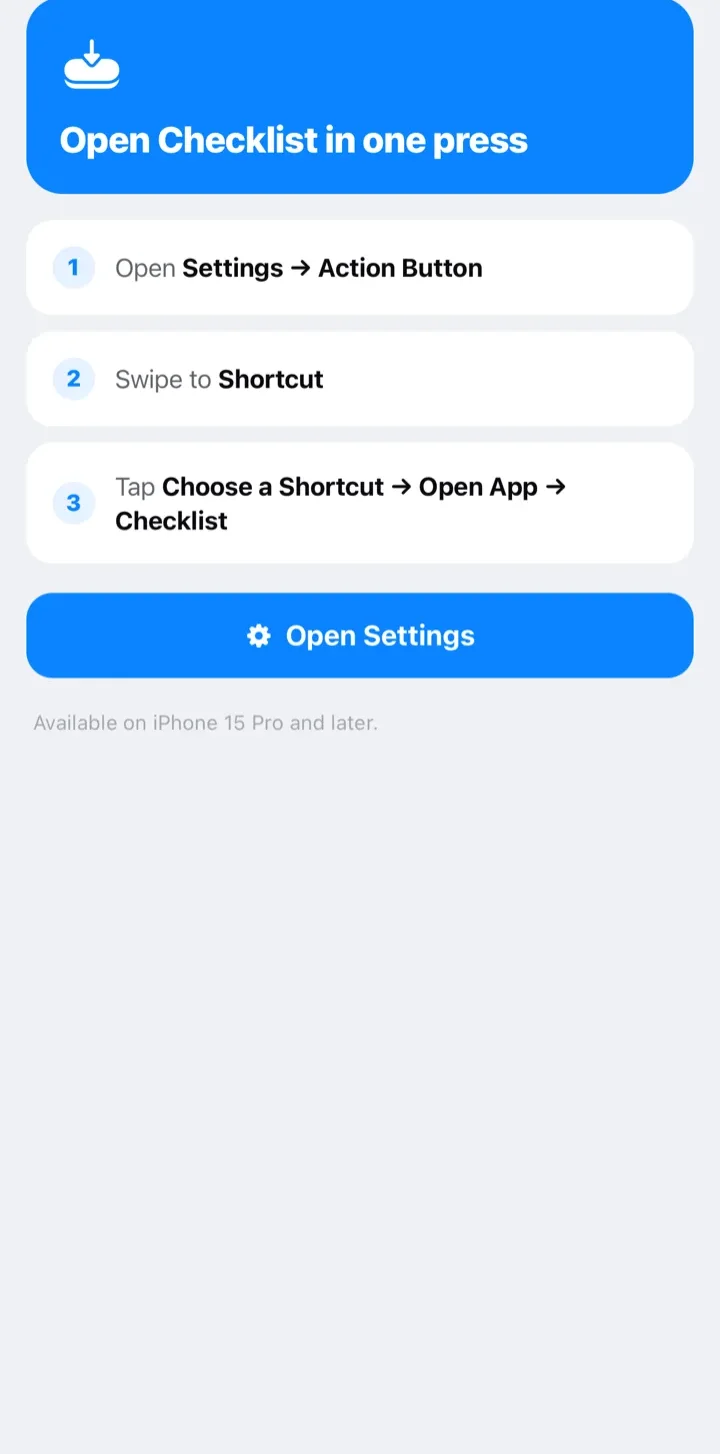 The Action Button setup screen with the three steps and an Open Settings button