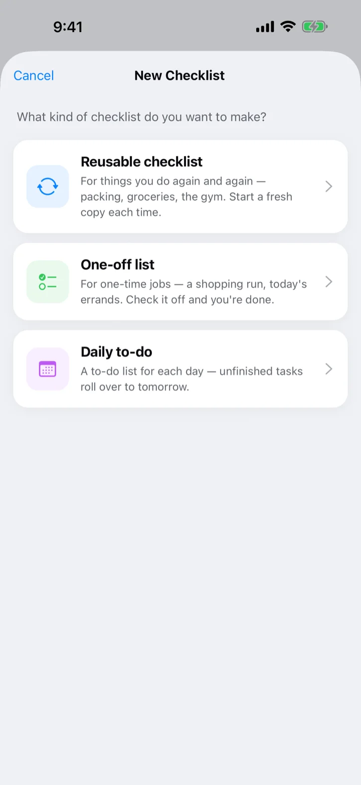 Choosing a checklist type: Reusable checklist or One-off list