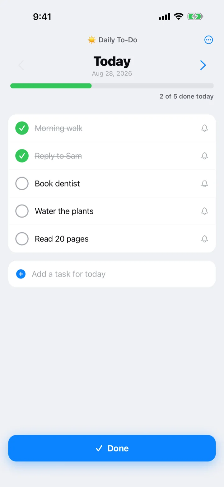 A Daily to-do list open on Today with open tasks and day navigation