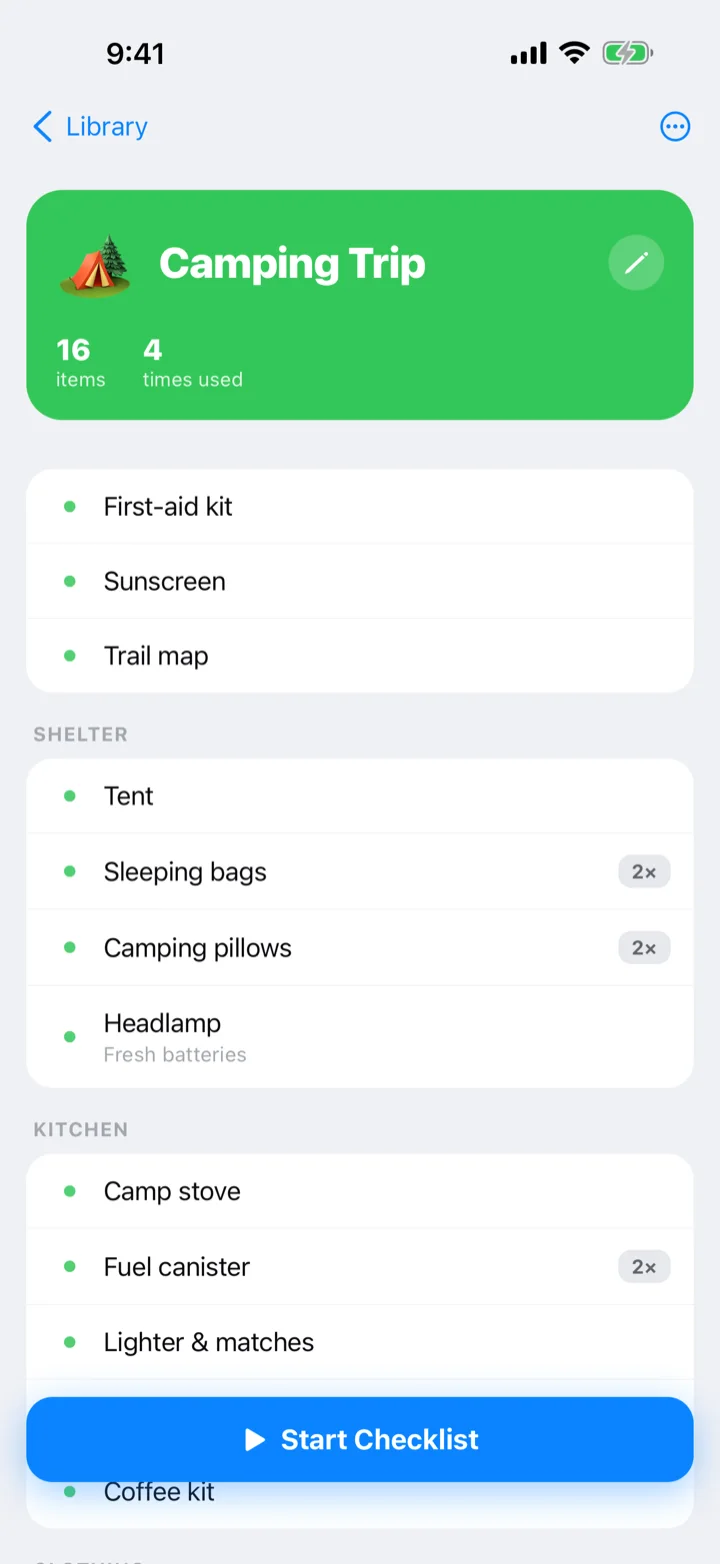 A reusable checklist detail screen with its items, stats, and Start Checklist button