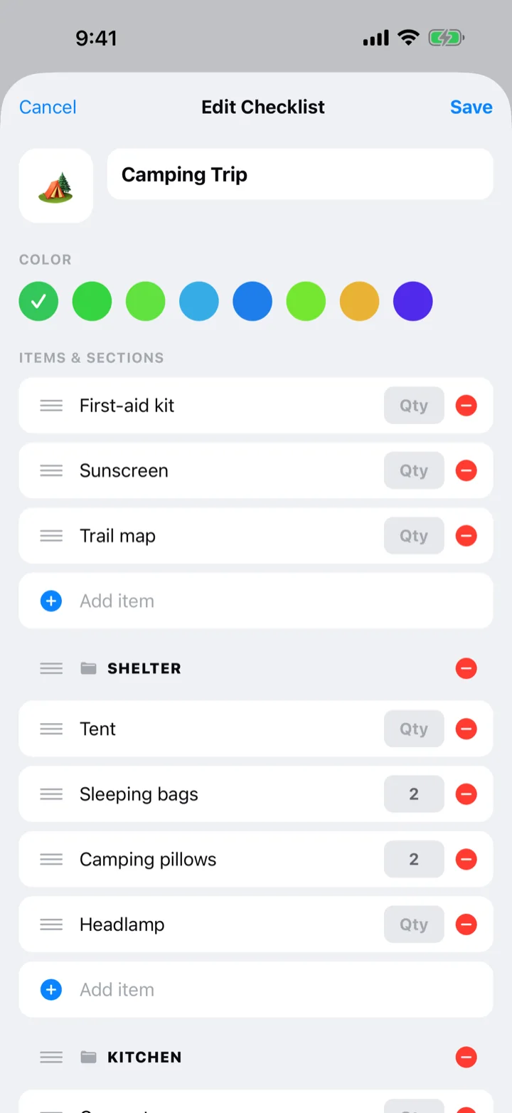 Editing a reusable checklist: name, color row, sections, items with quantities