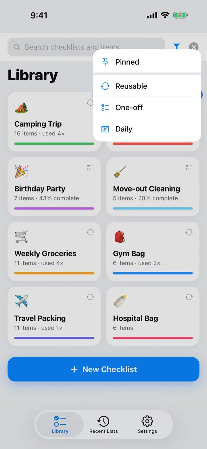 The search bar open with the Filter menu: Pinned, Reusable, One-off, Daily