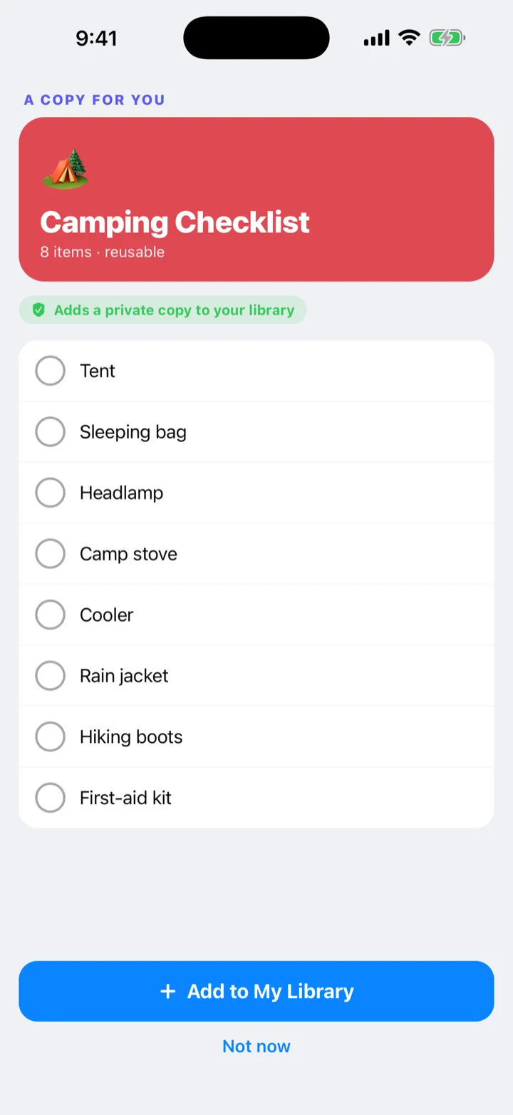 The import screen: A copy for you, the list preview, and Add to My Library