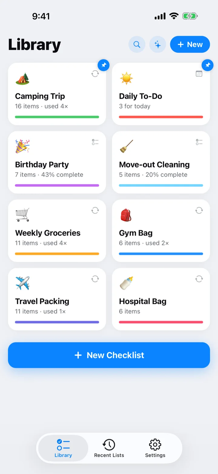 The Library tab with pinned, reusable, and one-off checklists
