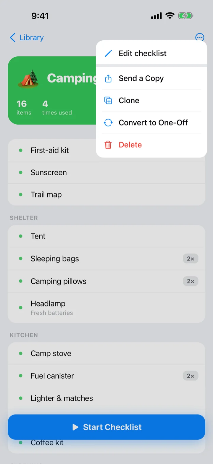 The ⋯ menu on a checklist with Edit, Share, Clone, Convert, and Delete