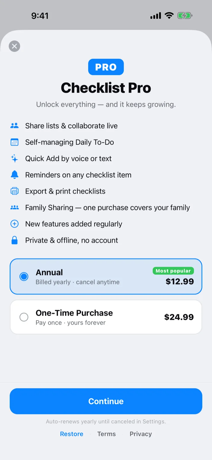 The Checklist Pro screen listing the included features with Annual and One-Time Purchase options