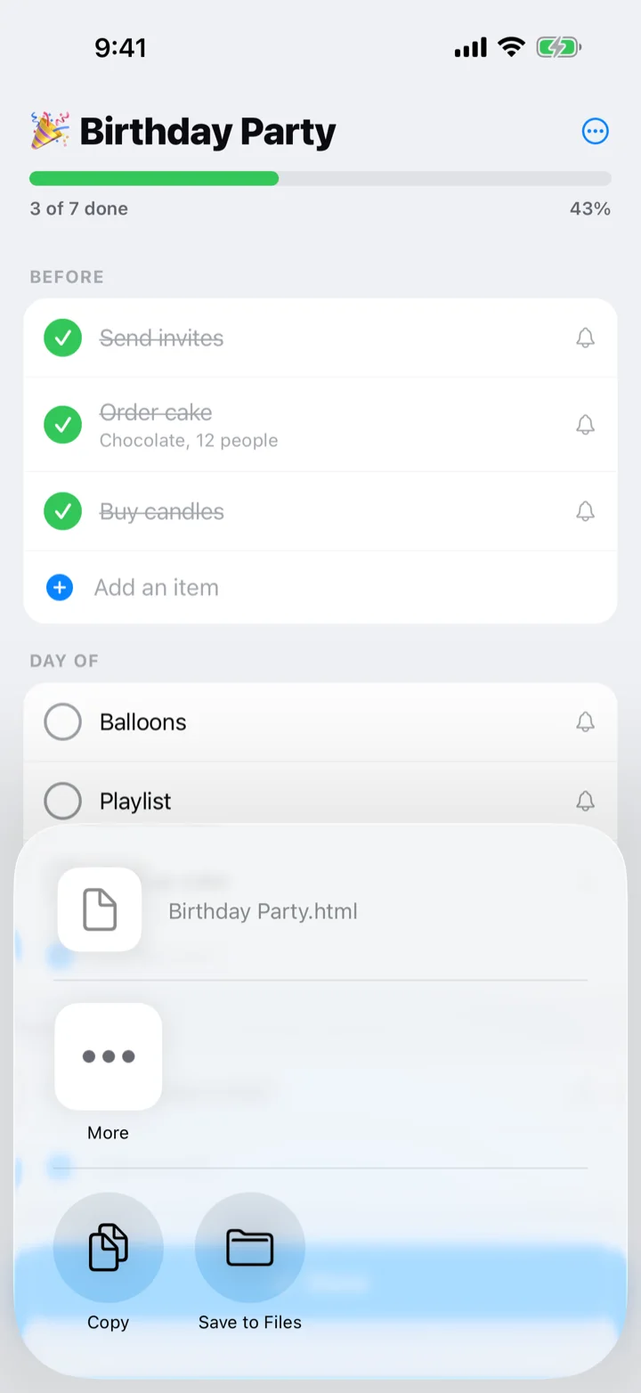 The iOS share sheet with a printable version of a checklist
