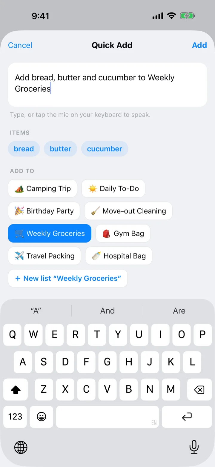 Quick Add with a typed sentence parsed into items and a target list