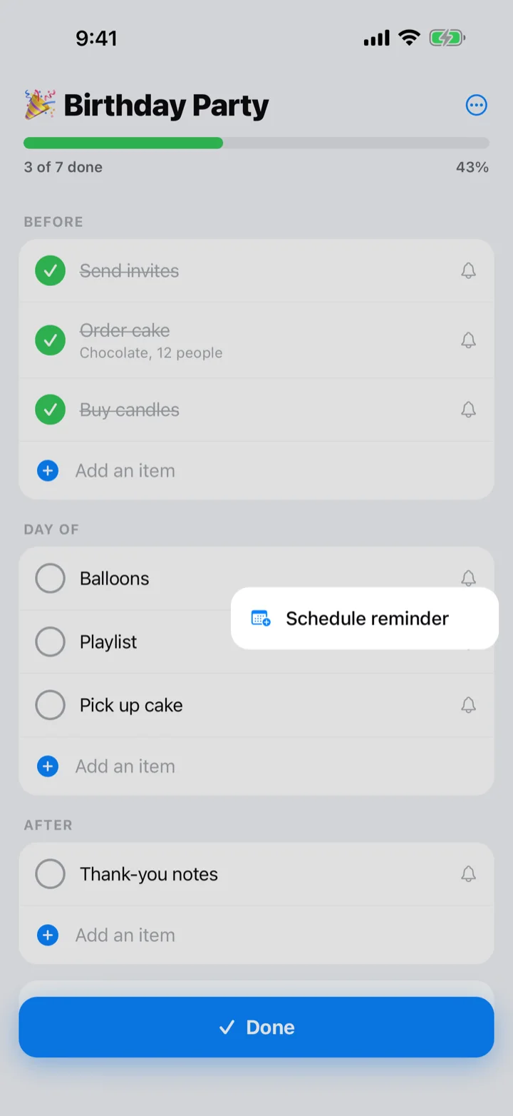Tapping an item bell opens the Schedule reminder menu