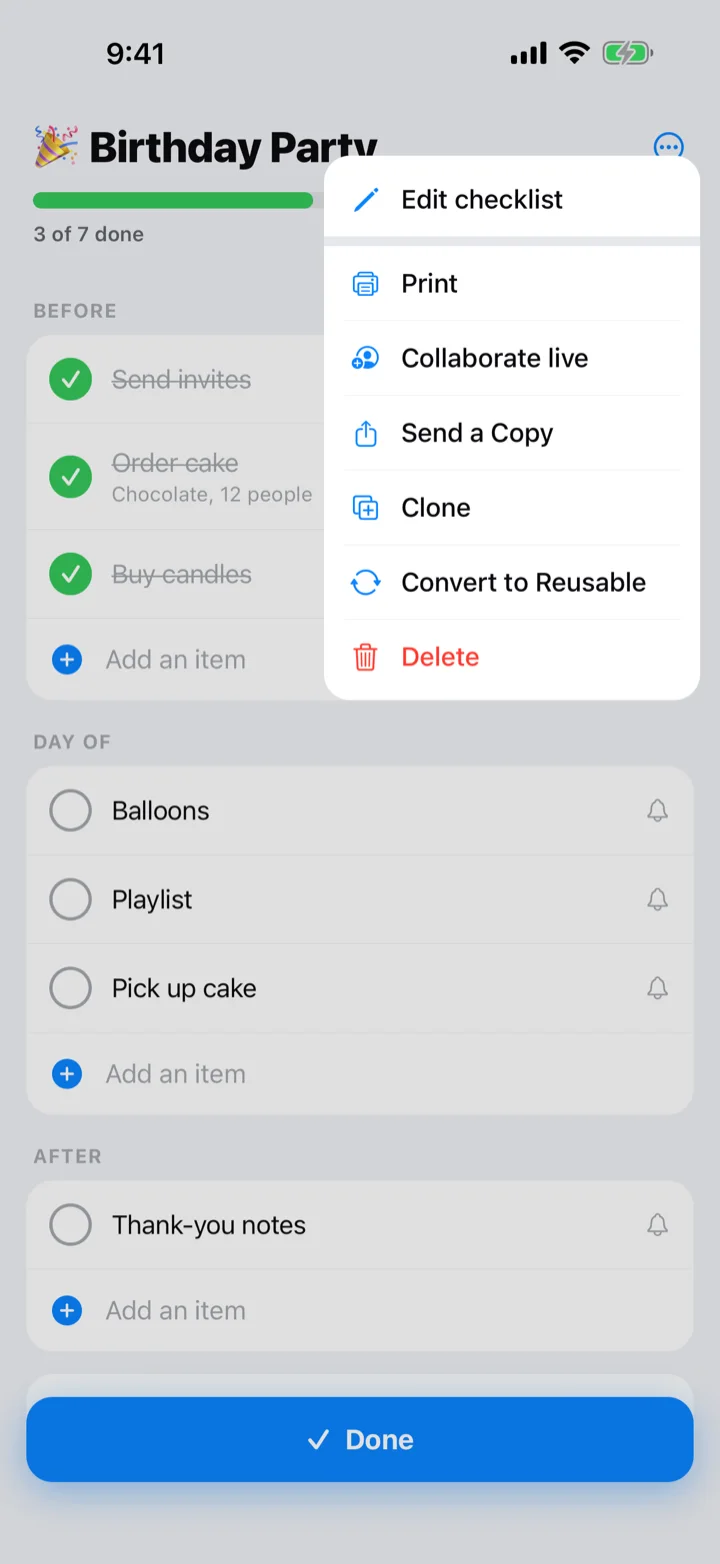 The ⋯ menu on a list with Print and Collaborate live