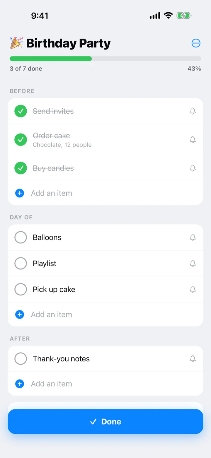 A one-off list mid-run with sections, checked items, and the Add an item row