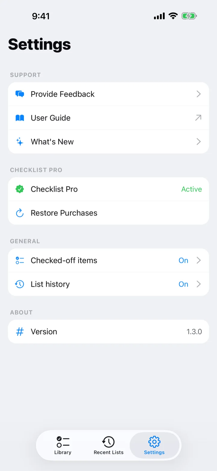 The Settings tab with Support, General, and About sections