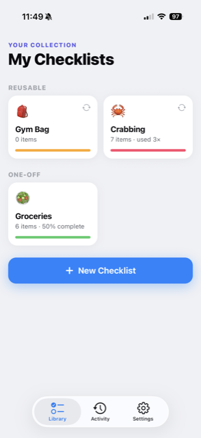 The Checklist: Reusable Lists app showing the My Checklists library with reusable and one-off lists
